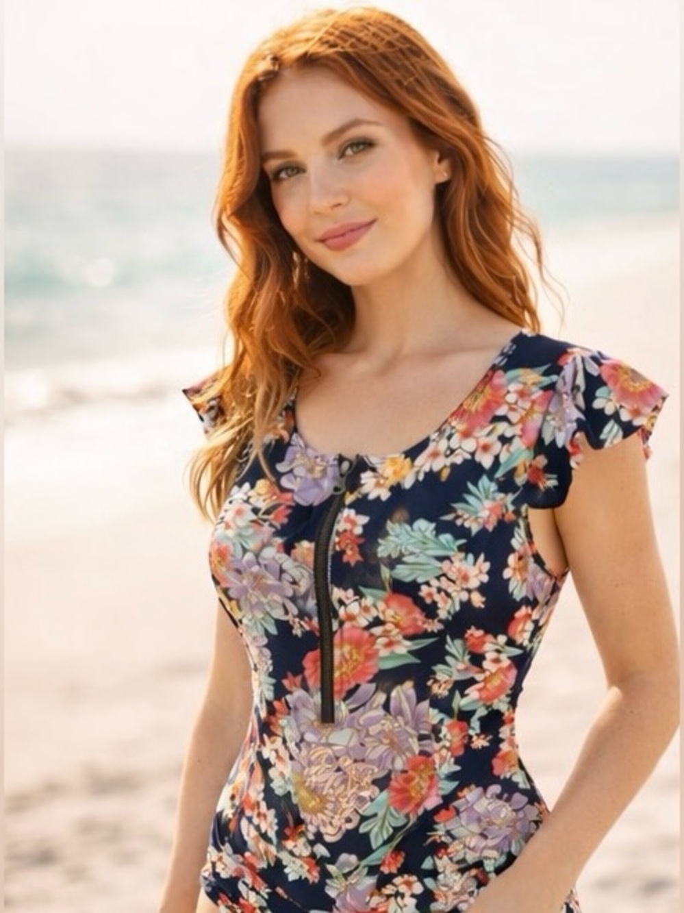 Boho Floral One Piece Swimsuit | Ruffle Sleeve Zip Front | Coastal Resort Swim